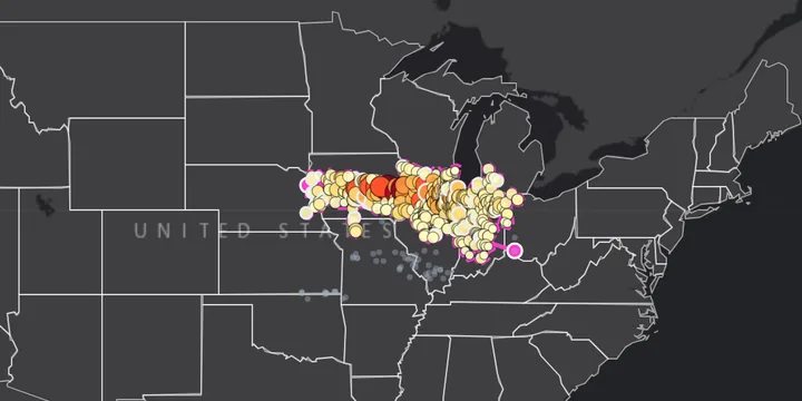 Derecho wind-gust reports strung west to east across the Midwest, coloured by gust speed