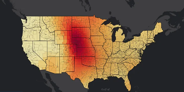 County-level U.S. hail climatology, deep red through the central Plains fading to pale yellow at the coasts