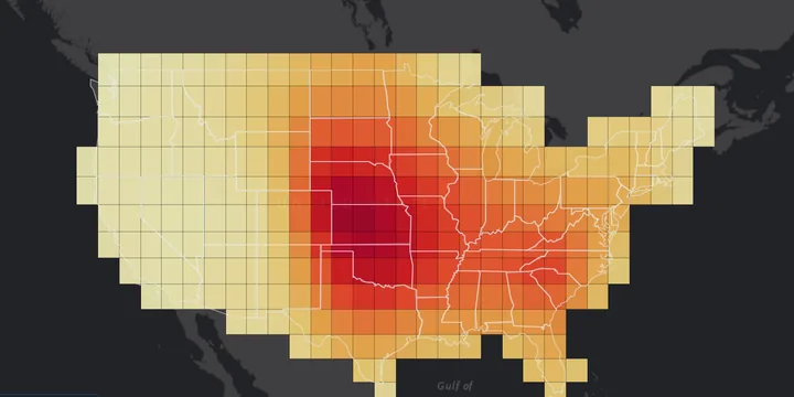 The same U.S. hail climatology binned into coarse 2-degree grid squares