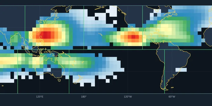 Global track-density map on a 5-degree grid with tropical-cyclone maxima over the western Pacific and eastern Pacific