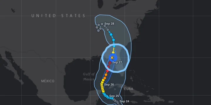 Hurricane best-track points coloured by category with wind-swath outlines along the U.S. East Coast